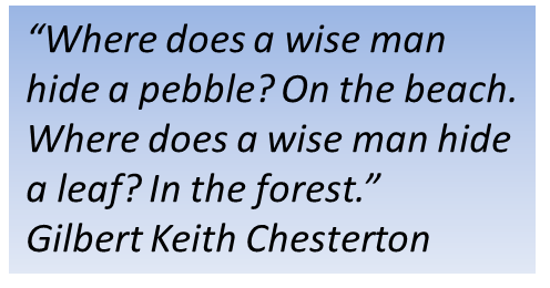 Where does a wise man hide a pebble? On the beach. Where does a wise man hide a leaf? In the forest. 
Gilbert Keith Chesterton